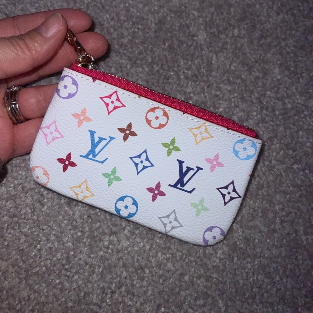 White Multicolor Monogram Coin Pouch with Pink Zip
